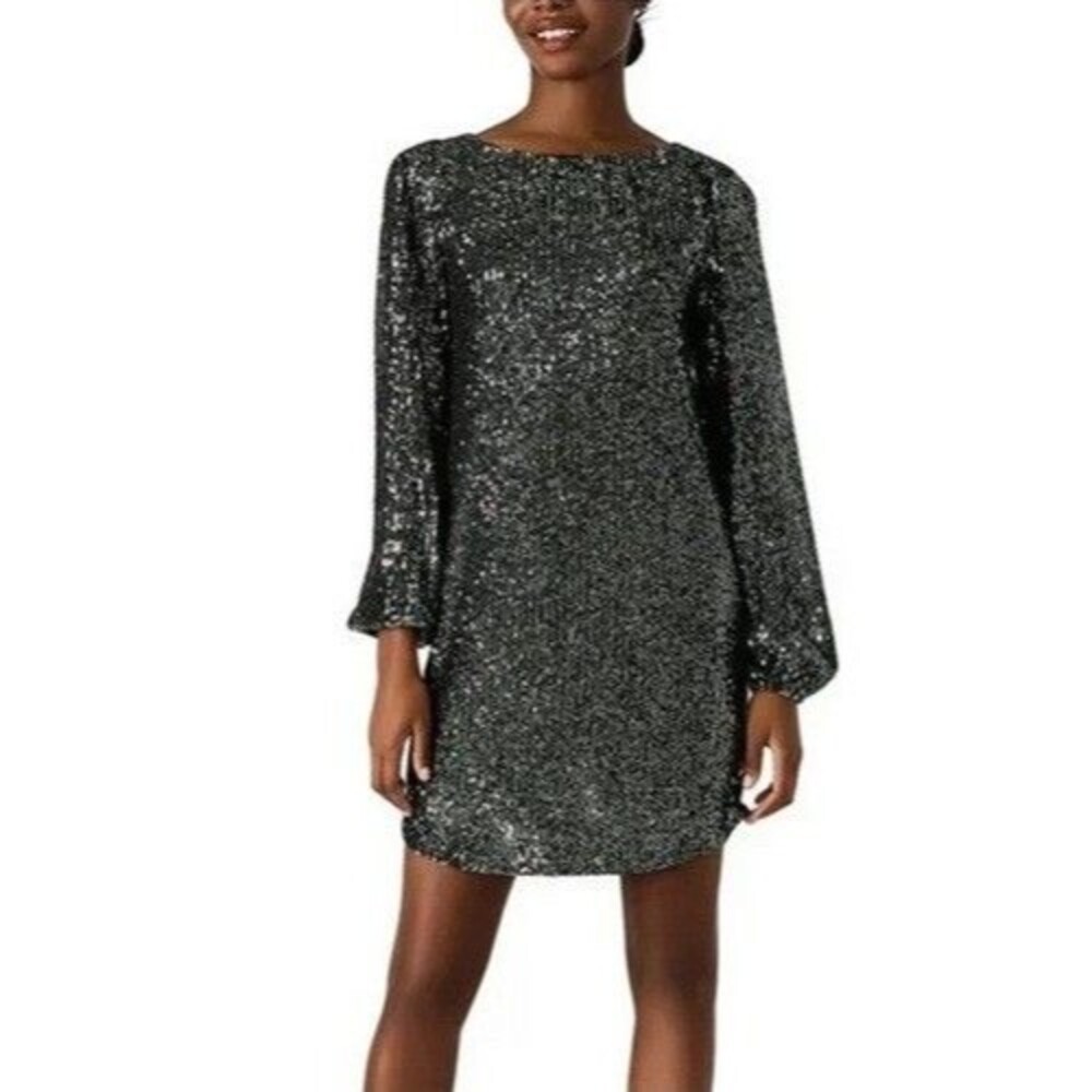 Steve Madden Women's Sequin Mini Long Sleeve Shoulder Pads Dress Silver NWT